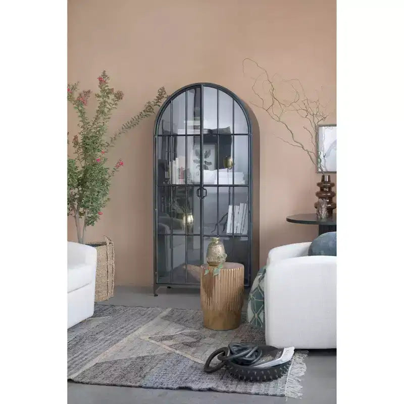 76" Tall Arched 2-Door Glass Storage Cabinet – Black Iron Frame