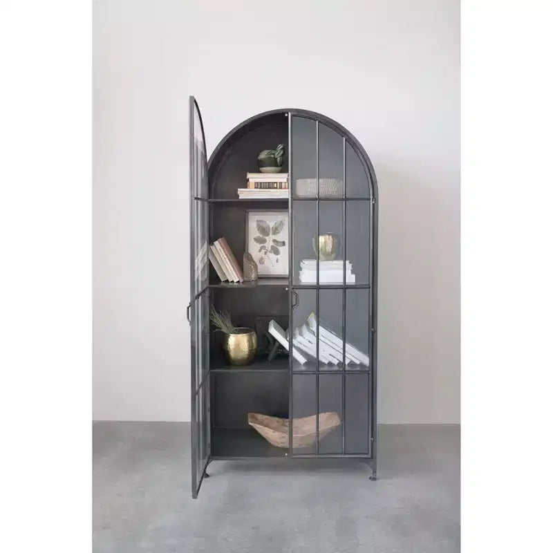 76" Tall Arched 2-Door Glass Storage Cabinet – Black Iron Frame