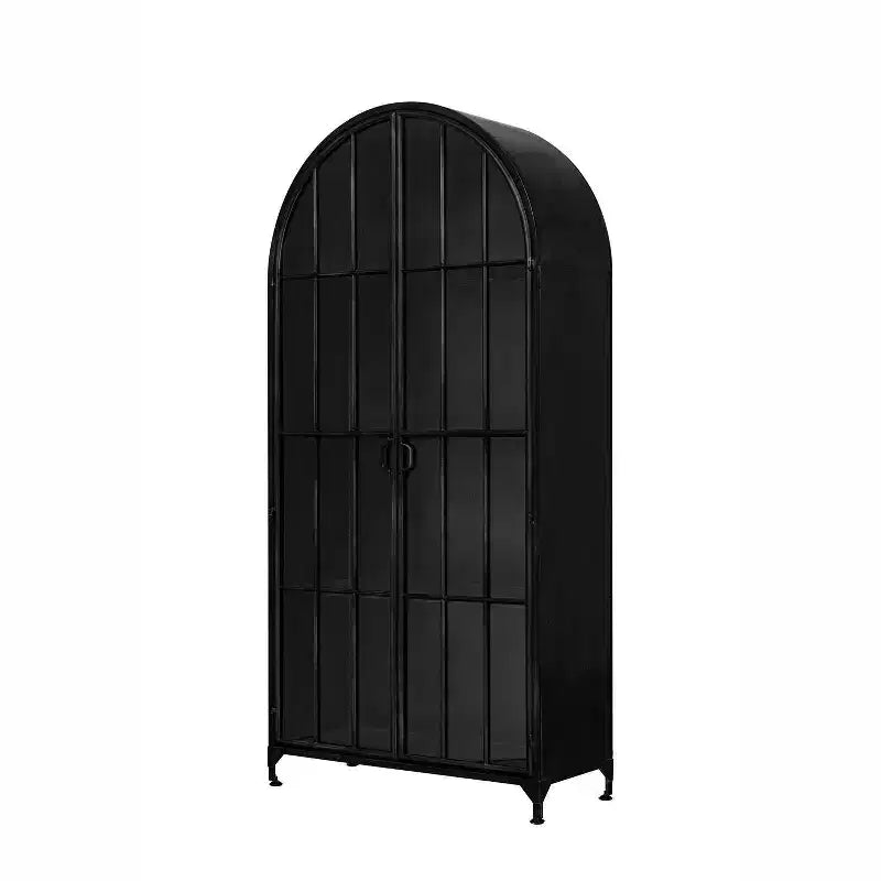 76" Tall Arched 2-Door Glass Storage Cabinet – Black Iron Frame