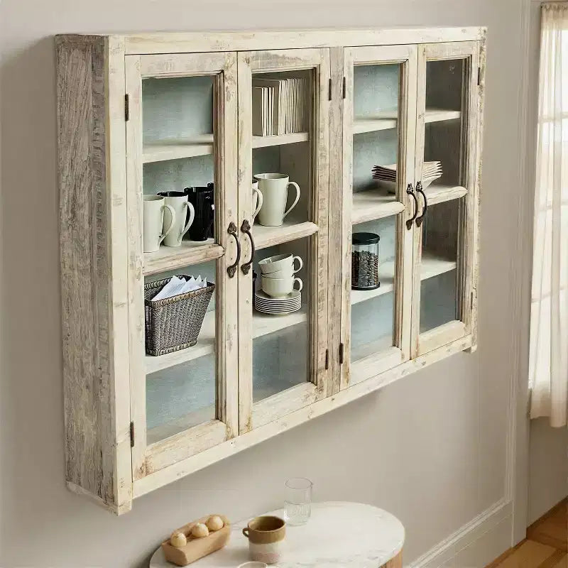 40" Tall 4-Door Decorative Storage Cabinet – Reclaimed Wood & Glass