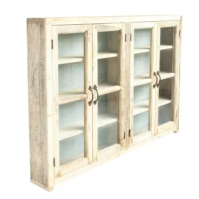 40" Tall 4-Door Decorative Storage Cabinet – Reclaimed Wood & Glass