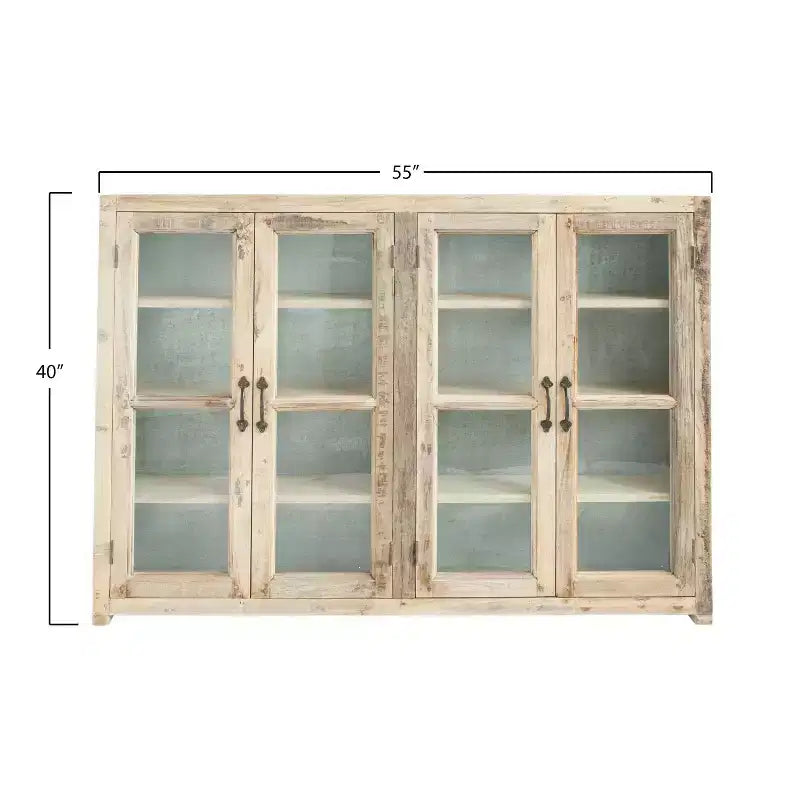 40" Tall 4-Door Decorative Storage Cabinet – Reclaimed Wood & Glass