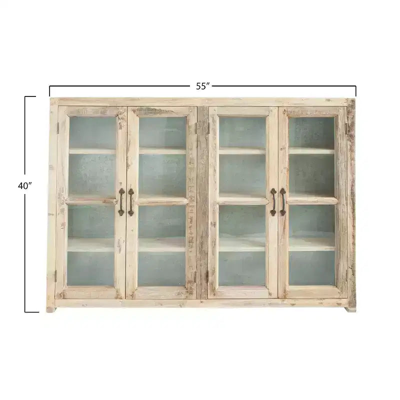 40" Tall 4-Door Decorative Storage Cabinet – Reclaimed Wood & Glass