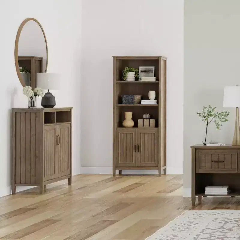 Medium Storage Cabinet – Smoky Brown Solid Wood, Adjustable Shelves & Cord Management