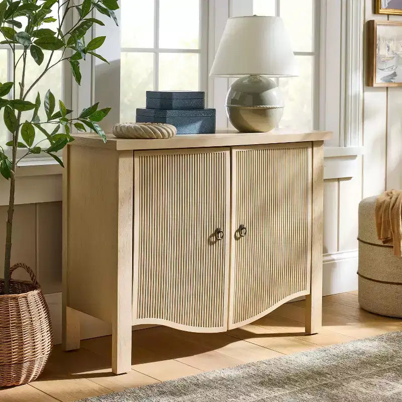 2-Door Cabinet with Slatted Doors – Natural Wood, Anti-Tip Anchoring