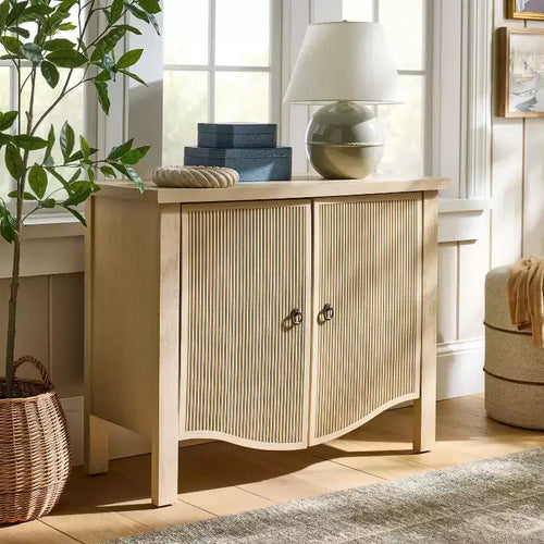 2-Door Cabinet with Slatted Doors – Natural Wood, Anti-Tip Anchoring