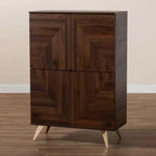 Mid-Century Modern Shoe Cabinet – Walnut Brown & Gold, 6 Shelves, 18 Pairs