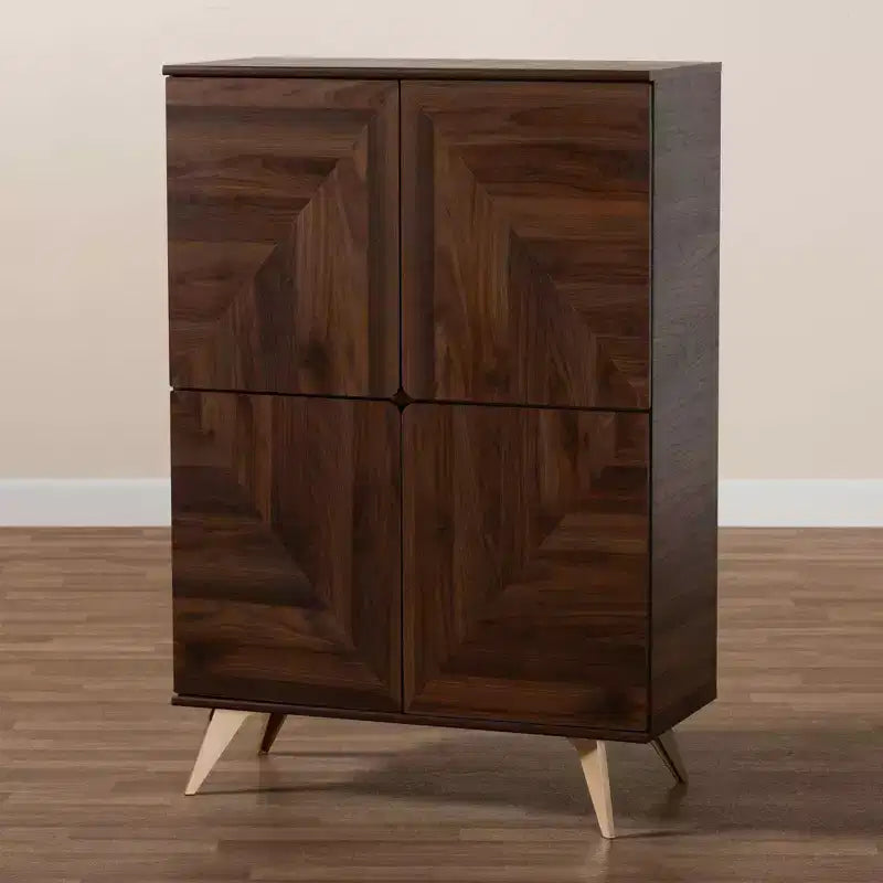 Mid-Century Modern Shoe Cabinet – Walnut Brown & Gold, 6 Shelves, 18 Pairs