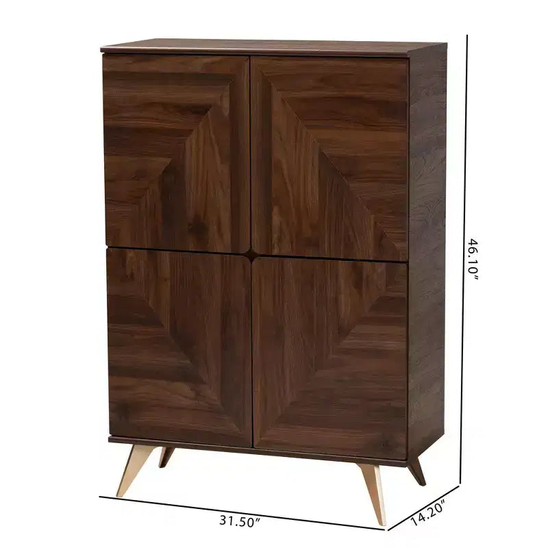 Mid-Century Modern Shoe Cabinet – Walnut Brown & Gold, 6 Shelves, 18 Pairs