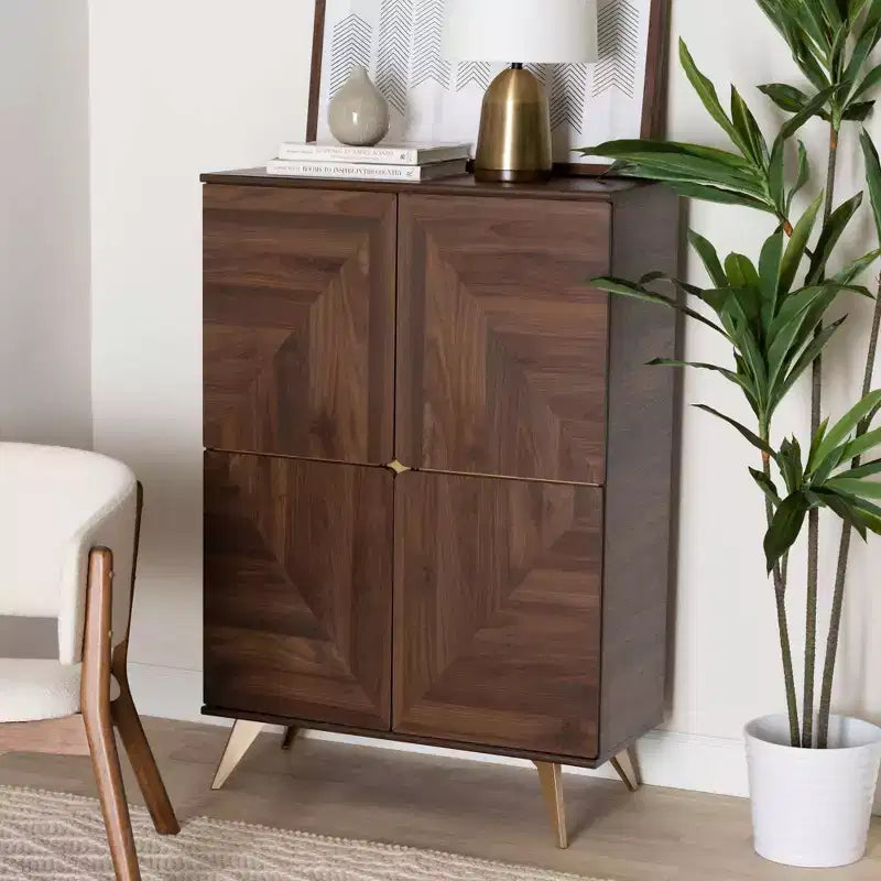 Mid-Century Modern Shoe Cabinet – Walnut Brown & Gold, 6 Shelves, 18 Pairs