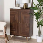 Mid-Century Modern Shoe Cabinet – Walnut Brown & Gold, 6 Shelves, 18 Pairs