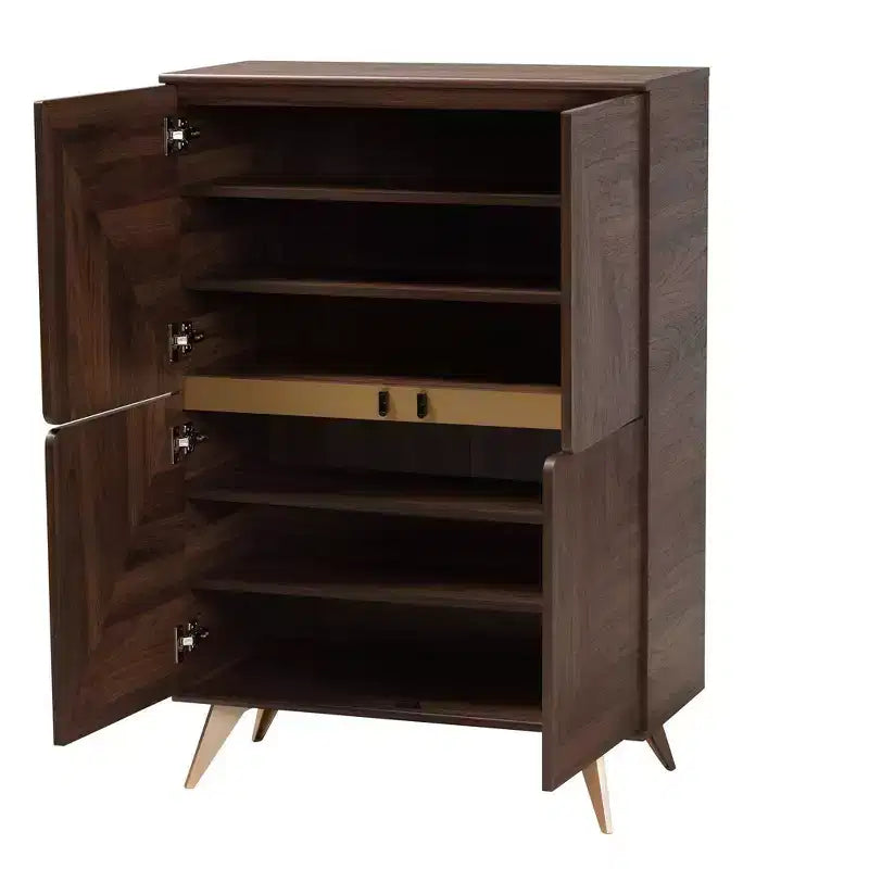 Mid-Century Modern Shoe Cabinet – Walnut Brown & Gold, 6 Shelves, 18 Pairs