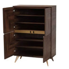 Mid-Century Modern Shoe Cabinet – Walnut Brown & Gold, 6 Shelves, 18 Pairs