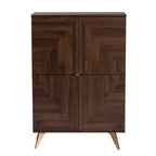 Mid-Century Modern Shoe Cabinet – Walnut Brown & Gold, 6 Shelves, 18 Pairs