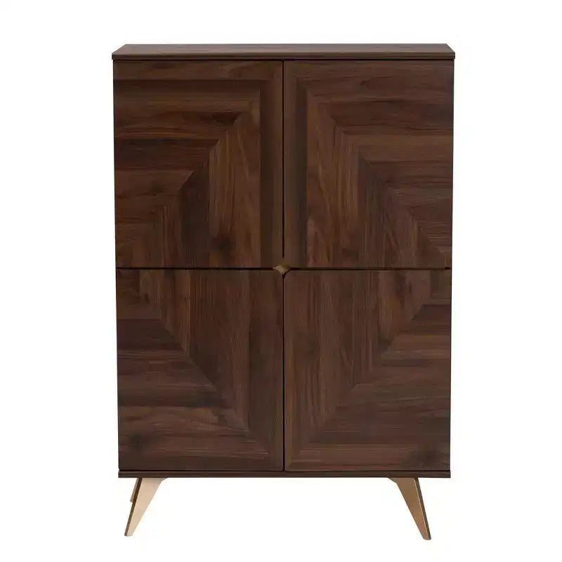 Mid-Century Modern Shoe Cabinet – Walnut Brown & Gold, 6 Shelves, 18 Pairs