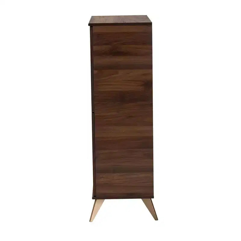 Mid-Century Modern Shoe Cabinet – Walnut Brown & Gold, 6 Shelves, 18 Pairs