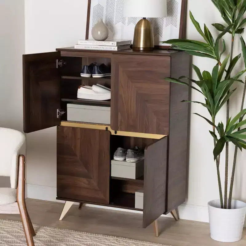 Mid-Century Modern Shoe Cabinet – Walnut Brown & Gold, 6 Shelves, 18 Pairs