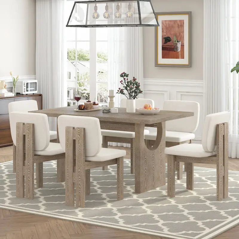Set da Pranzo da 7 Pezzi, Set Tavolo da Cucina in Legno Massello con Tavolo Rettangolare, Base a Cavalletto e 6 Sedie Imbottite