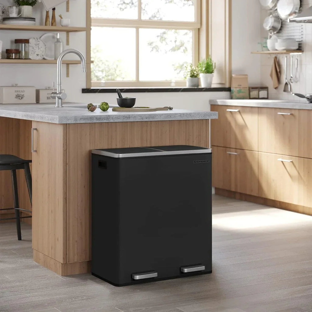 SONGMICS Pattumiera Doppia, 60L (2 x 30L) Cestino per la Raccolta Differenziata in Acciaio Inossidabile, Nero