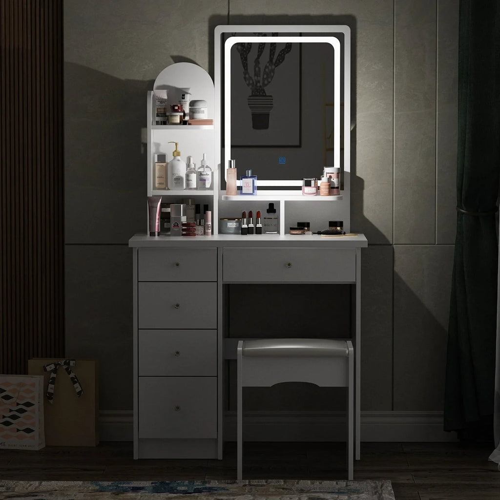 Tavolo da Trucco con Luci a LED, Specchio e Sgabello