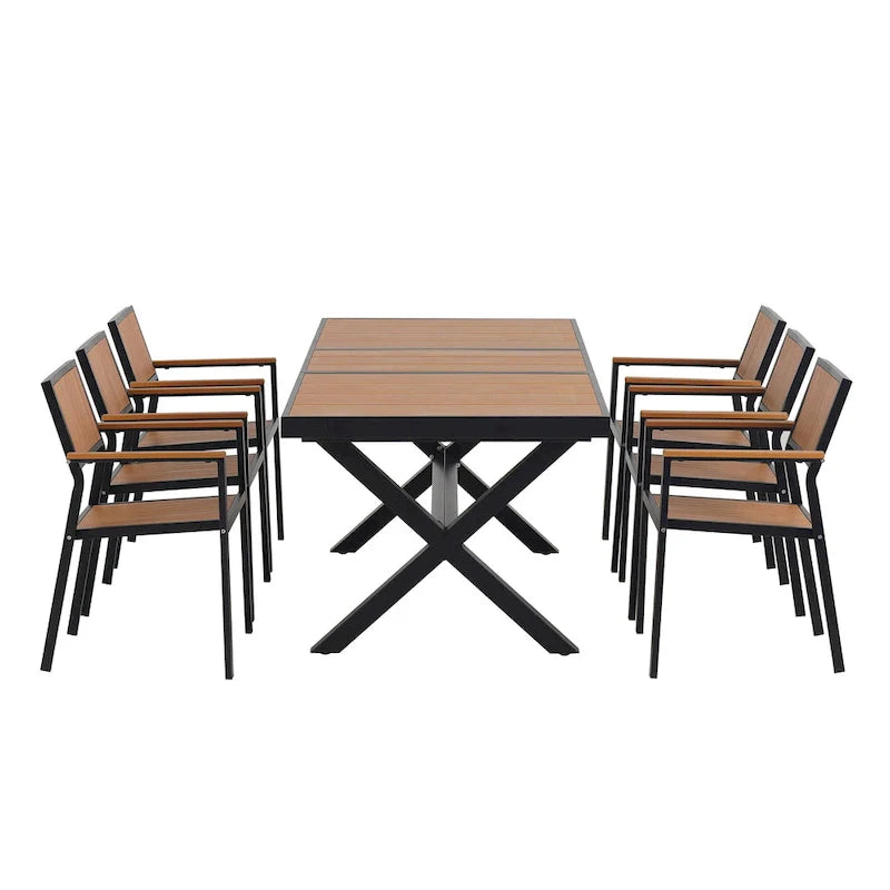 Set da pranzo da esterno allungabile a 7 pezzi con tavolo allungabile e 6 sedie con braccioli