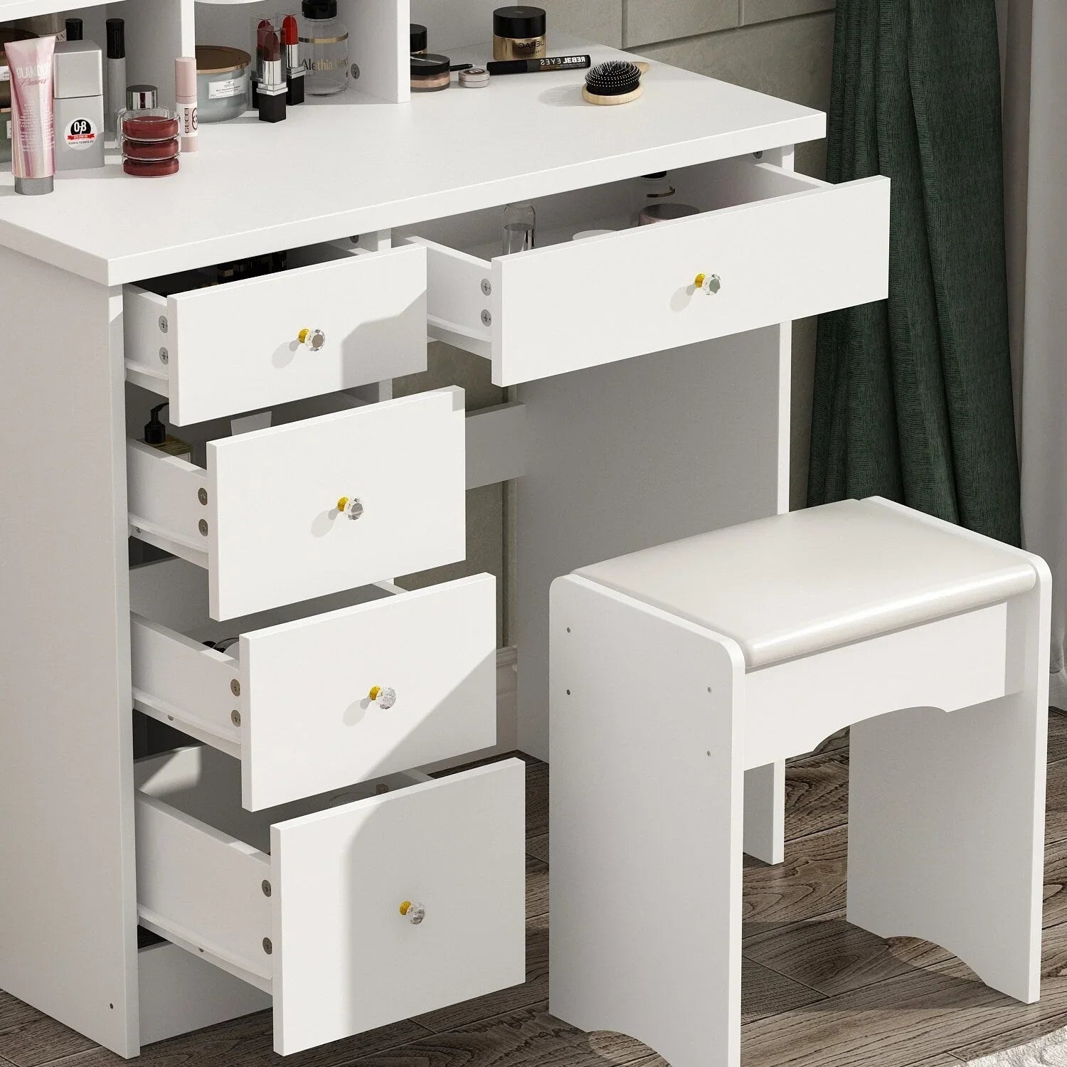 Tavolo da Trucco con Luci a LED, Specchio e Sgabello