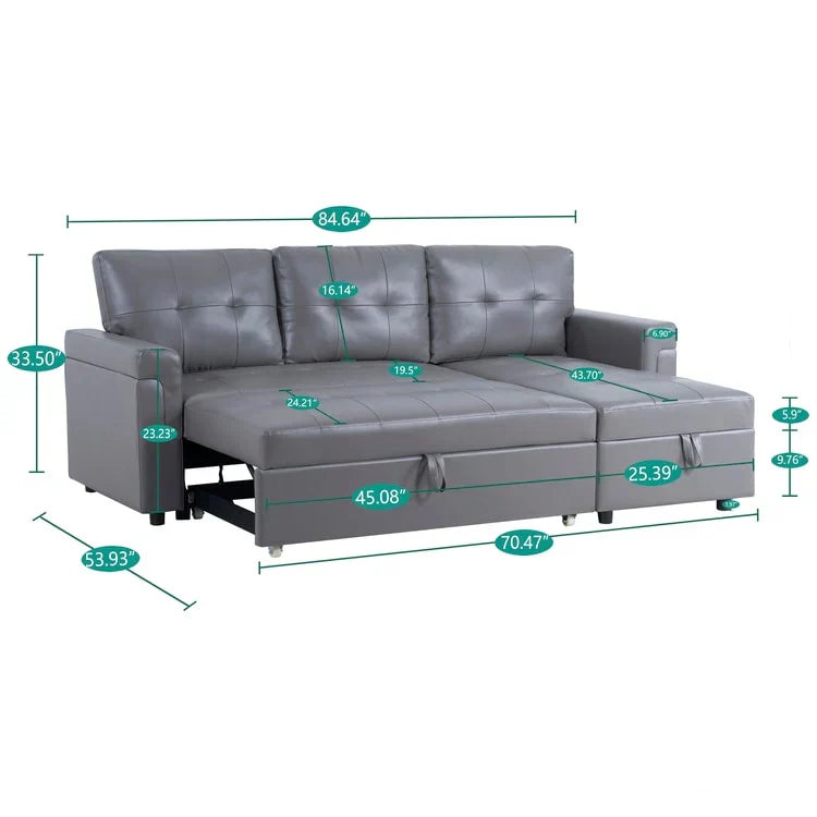 Divano componibile convertibile reversibile con letto estraibile, chaise longue con contenitore nascosto e gambe durevoli