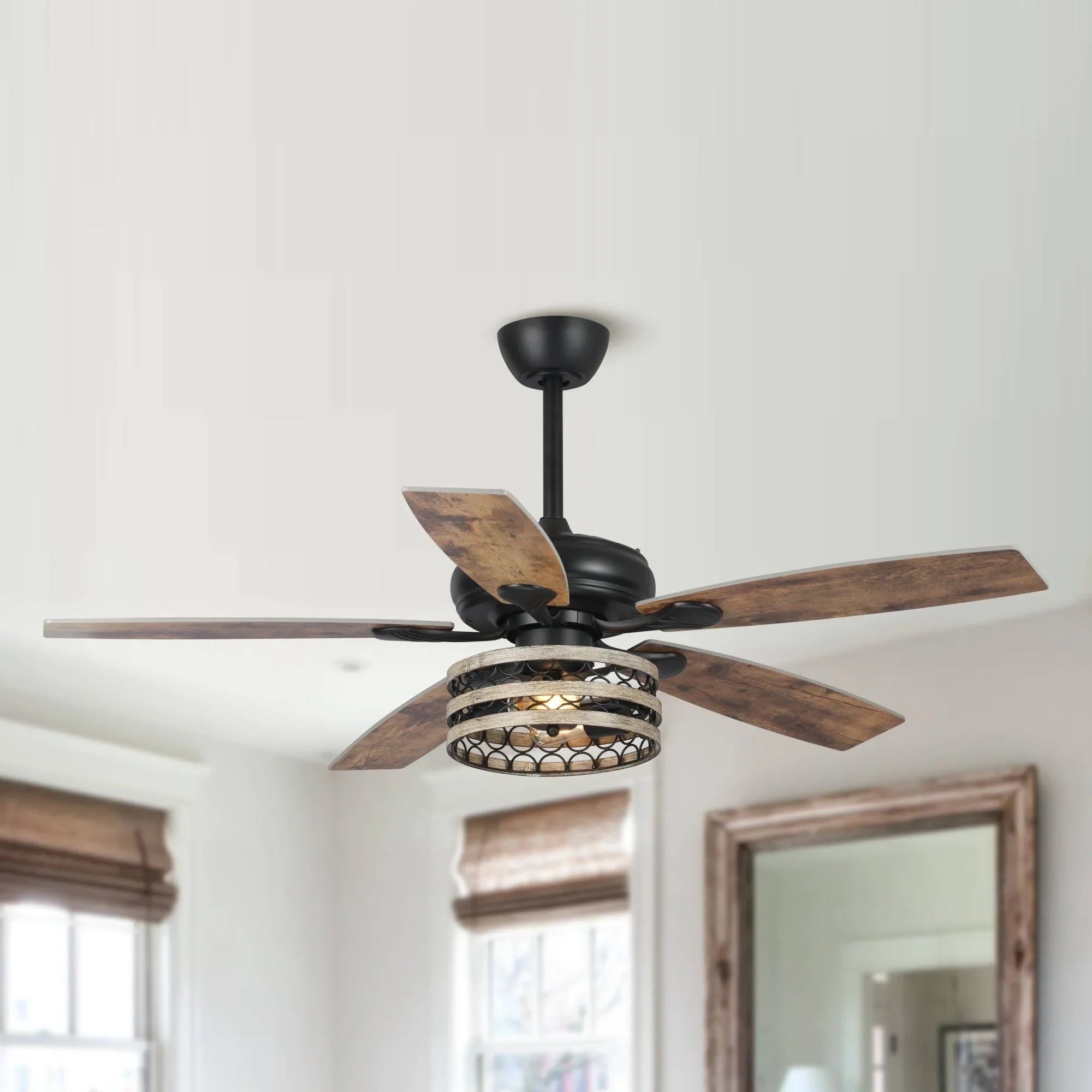Ventilatore da soffitto da 52 pollici Farmhouse Driftwood a 5 pale, nero, con gabbia, con telecomando