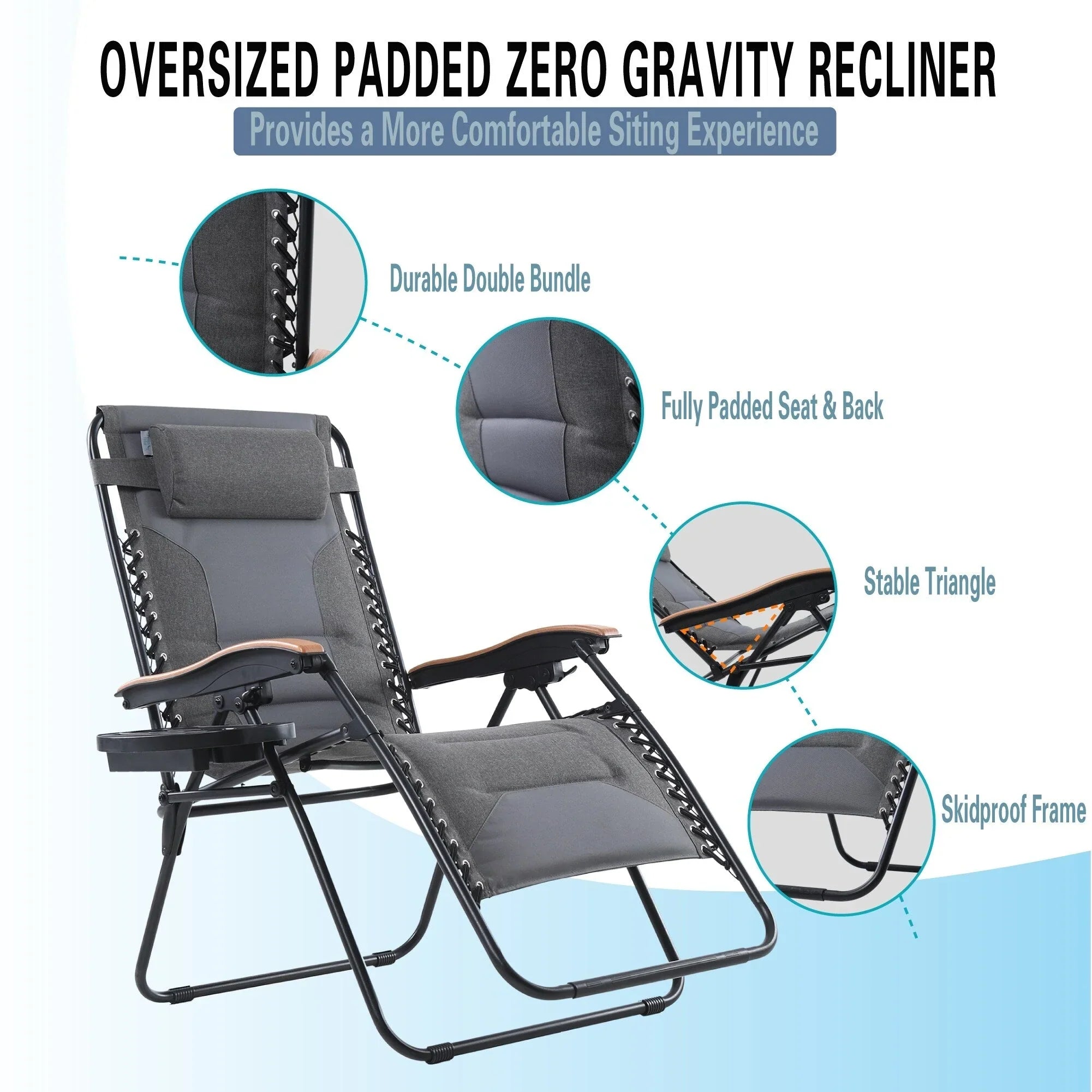 Sedia a sdraio oversize XL imbottita con gravità zero, bracciolo più largo, reclinabile regolabile con portabicchieri - N/D