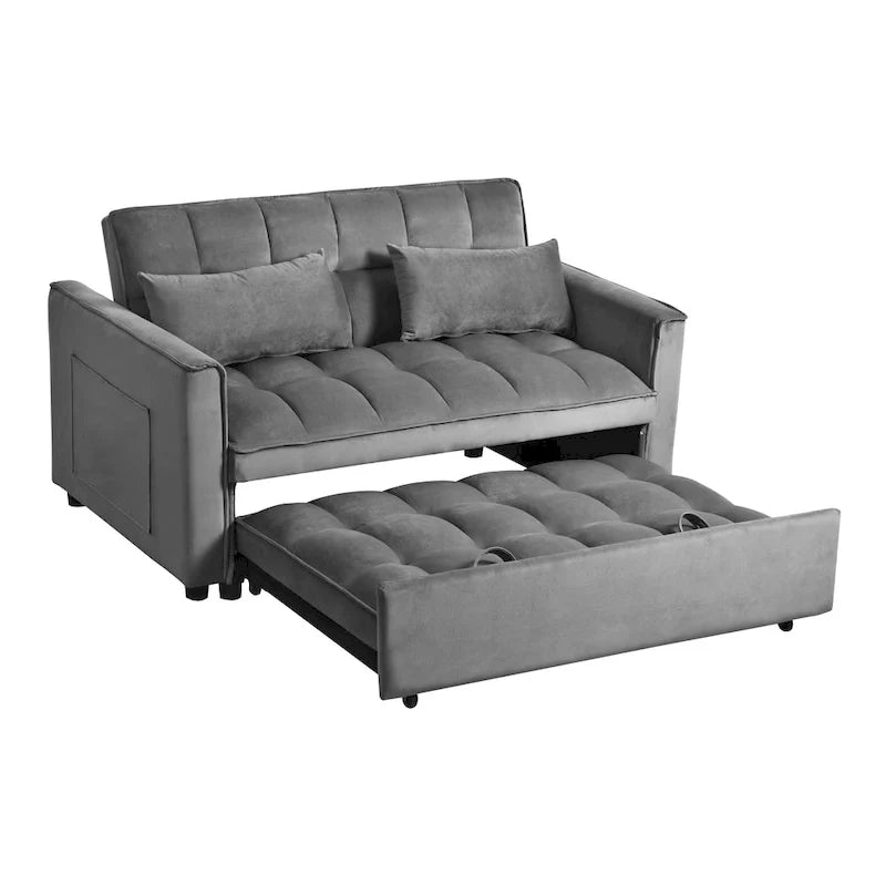 Divanetto Futon Moderno in Velluto con Schienale Reclinabile e Tasche, 2 Posti - Grigio Scuro / Grigio Chiaro / Blu / Nero