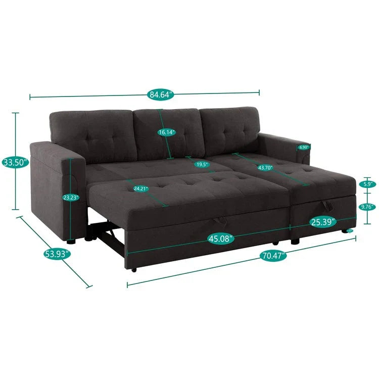 Divano componibile convertibile reversibile con letto estraibile, chaise longue con contenitore nascosto e gambe durevoli