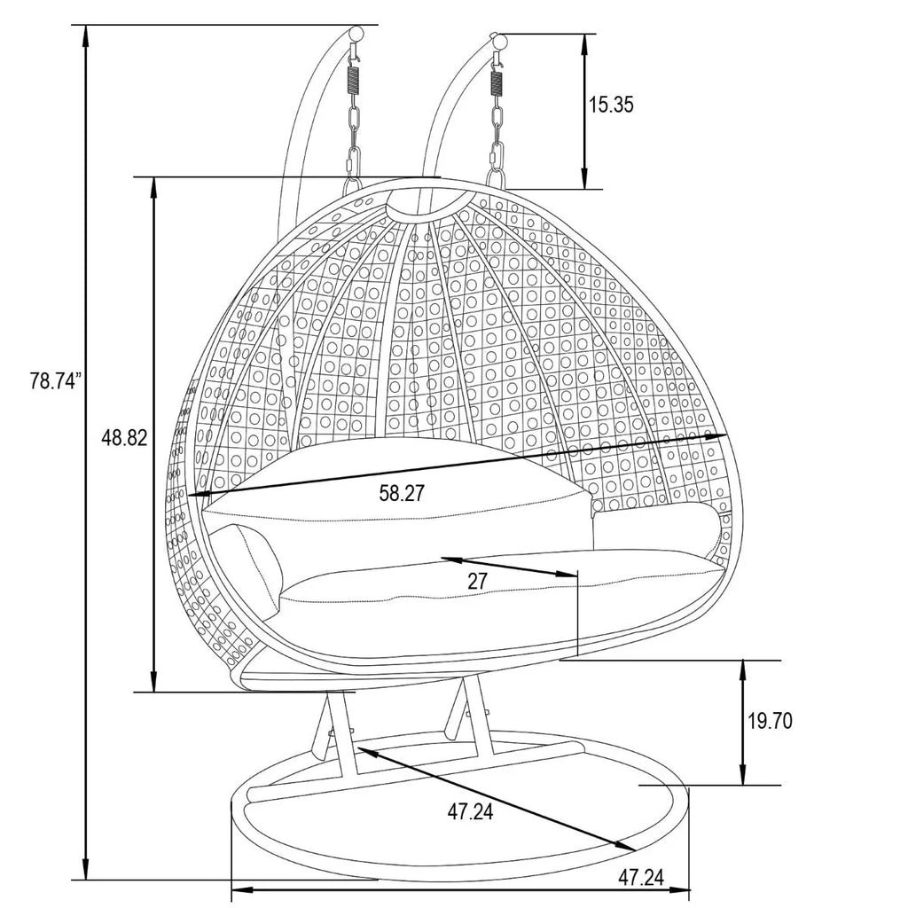 LeisureMod Sedia a Uovo Sospesa per 2 Persone con Supporto - Dondolo Pensile per Esterni/Interni in Rattan Intrecciato con Cuscini