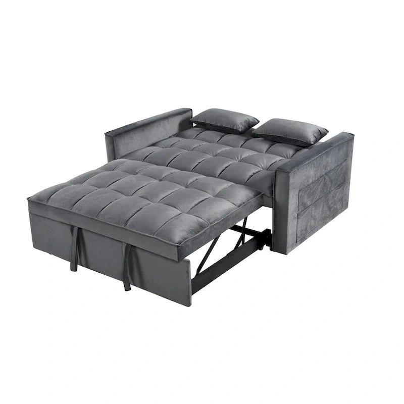 Divanetto Futon Moderno in Velluto con Schienale Reclinabile e Tasche, 2 Posti - Grigio Scuro / Grigio Chiaro / Blu / Nero