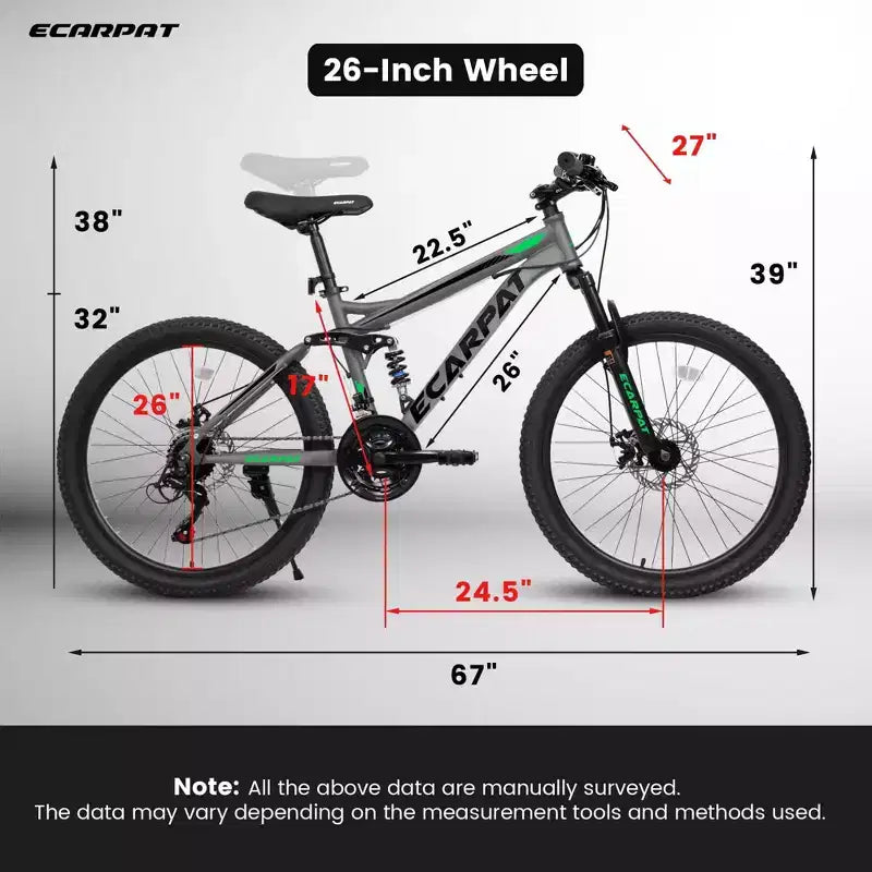 Mountain bike Okak 26" con freni a disco, bici per adulti a 21 velocità con telaio durevole e doppia sospensione posteriore, bicicletta per ciclismo urbano
