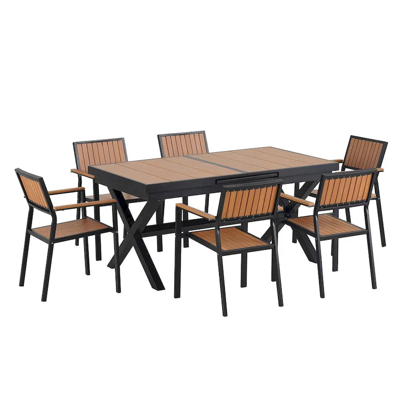 Set da pranzo da esterno allungabile a 7 pezzi con tavolo allungabile e 6 sedie con braccioli