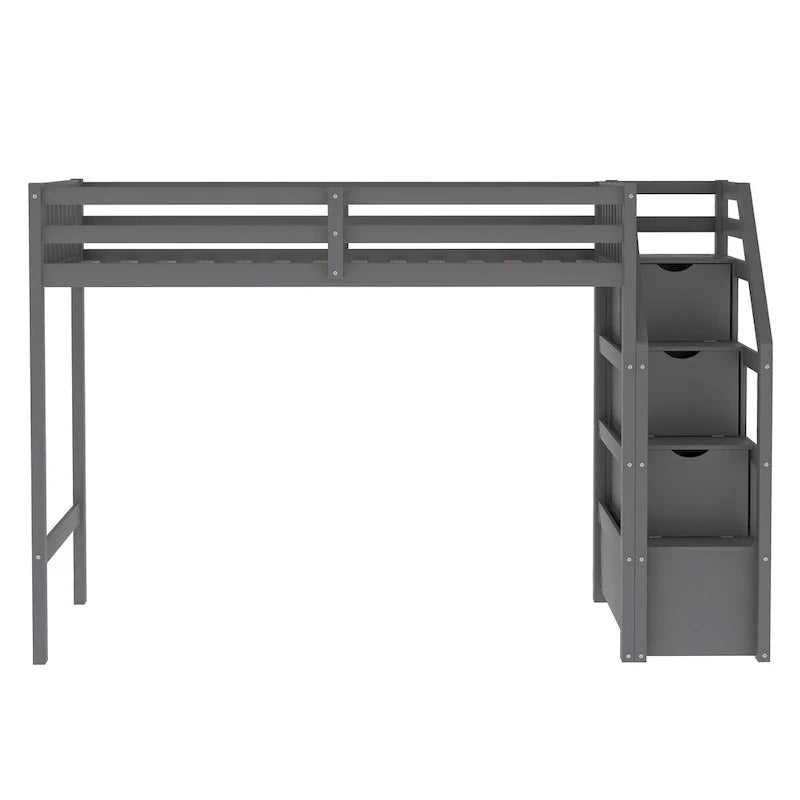 Letto a soppalco in legno per due persone con scale, sponde alte e scaletta