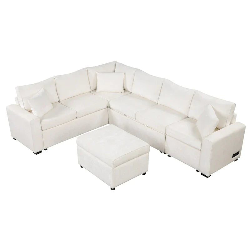 Divano sezionale in ciniglia con letto estraibile, divano letto a L con pouf contenitore, 3 cuscini e dispositivi di ricarica