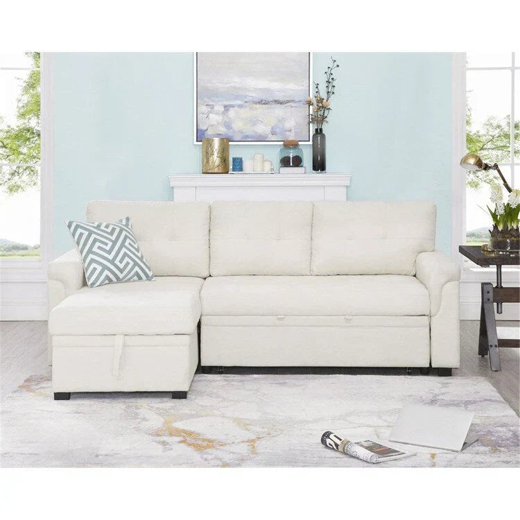 Divano componibile convertibile reversibile con letto estraibile, chaise longue con contenitore nascosto e gambe durevoli