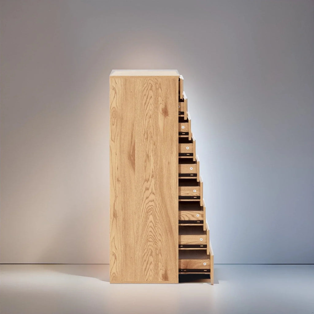 Cassettiera stretta in legno a 9 cassetti con guide scorrevoli e ripiano superiore