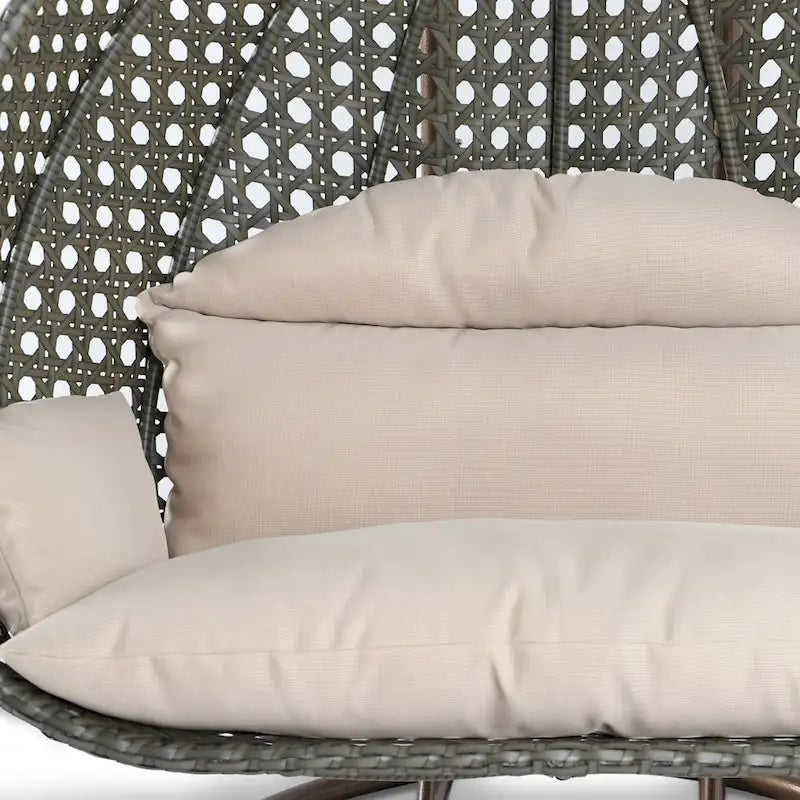 Sedia sospesa a dondolo a forma di uovo con supporto in metallo, telaio in vimini e cuscino – Beige / Blu antracite / Bianco / Blu / Bianco antico / Marrone / Tela, 2 posti