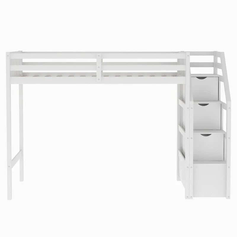 Letto a soppalco in legno per due persone con scale, sponde alte e scaletta