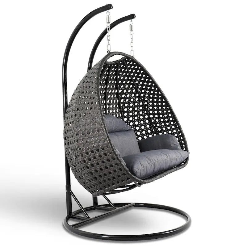 Sedia sospesa a dondolo a forma di uovo con supporto in metallo, telaio in vimini e cuscino – Beige / Blu antracite / Bianco / Blu / Bianco antico / Marrone / Tela, 2 posti