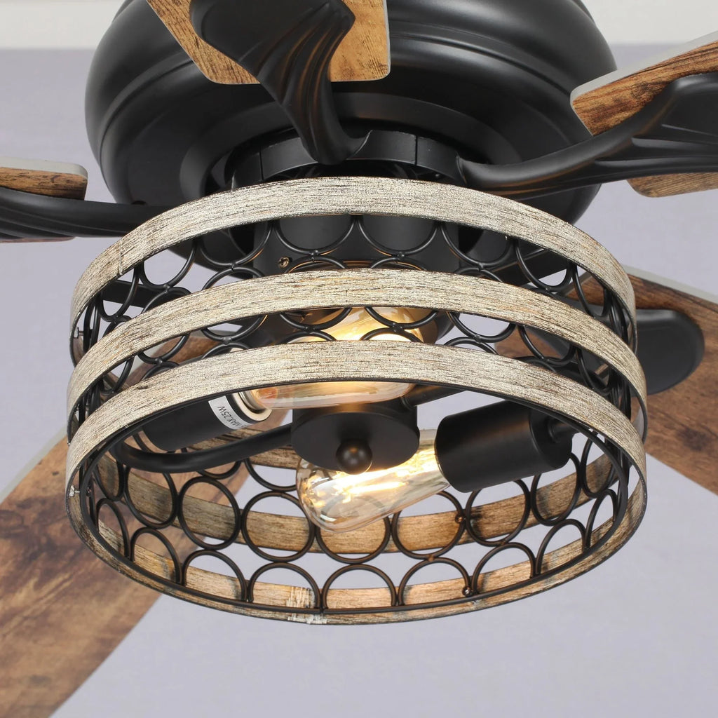 Ventilatore da soffitto da 52 pollici Farmhouse Driftwood a 5 pale, nero, con gabbia, con telecomando