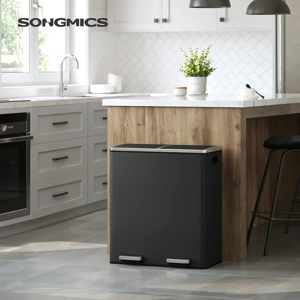 SONGMICS Pattumiera Doppia, 60L (2 x 30L) Cestino per la Raccolta Differenziata in Acciaio Inossidabile, Nero