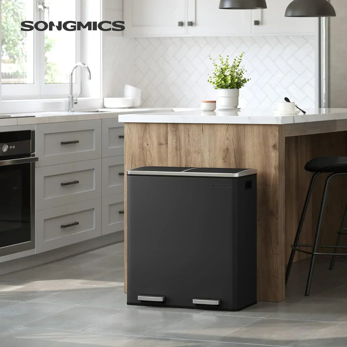 SONGMICS Pattumiera Doppia, 60L (2 x 30L) Cestino per la Raccolta Differenziata in Acciaio Inossidabile, Nero