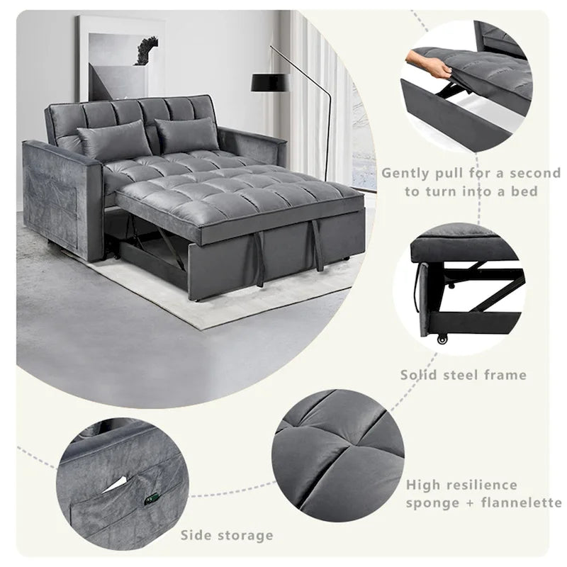 Divanetto Futon Moderno in Velluto con Schienale Reclinabile e Tasche, 2 Posti - Grigio Scuro / Grigio Chiaro / Blu / Nero
