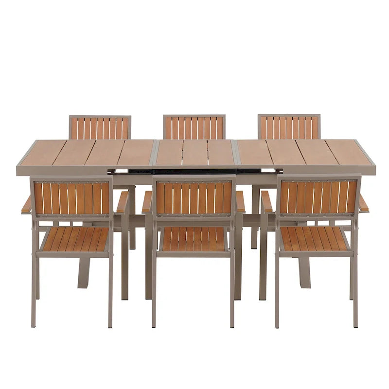 Set da pranzo da esterno allungabile a 7 pezzi con tavolo allungabile e 6 sedie con braccioli