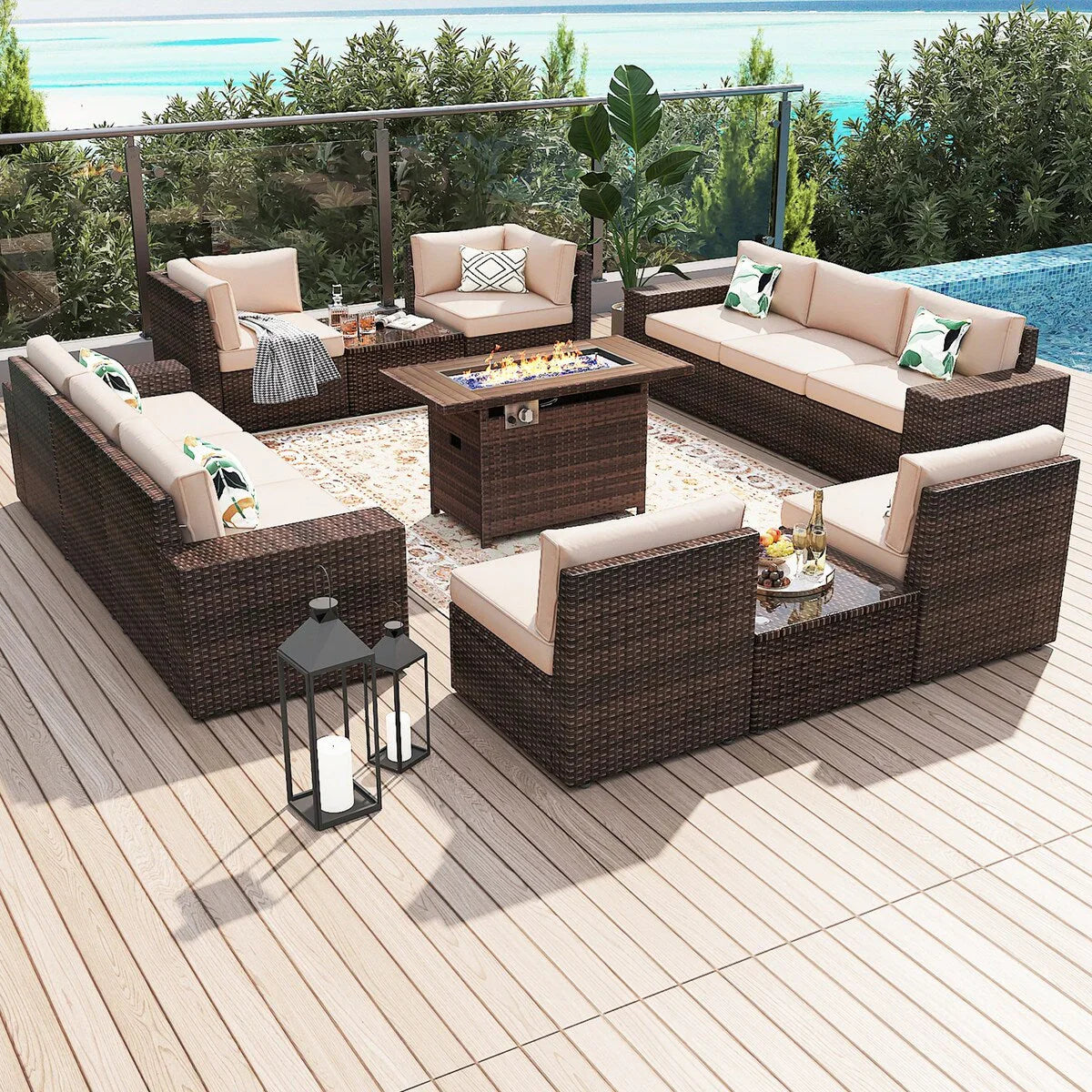 Set di mobili da giardino da 13 pezzi con tavolo braciere da 44 pollici