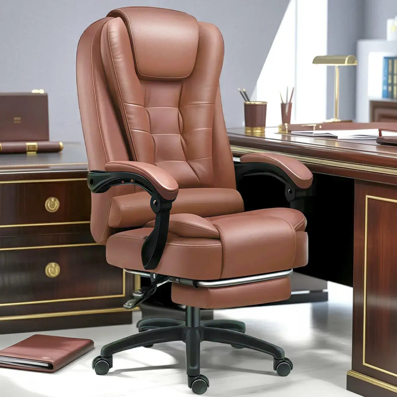 Sedia da ufficio girevole ergonomica in pelle nera con poggiapiedi