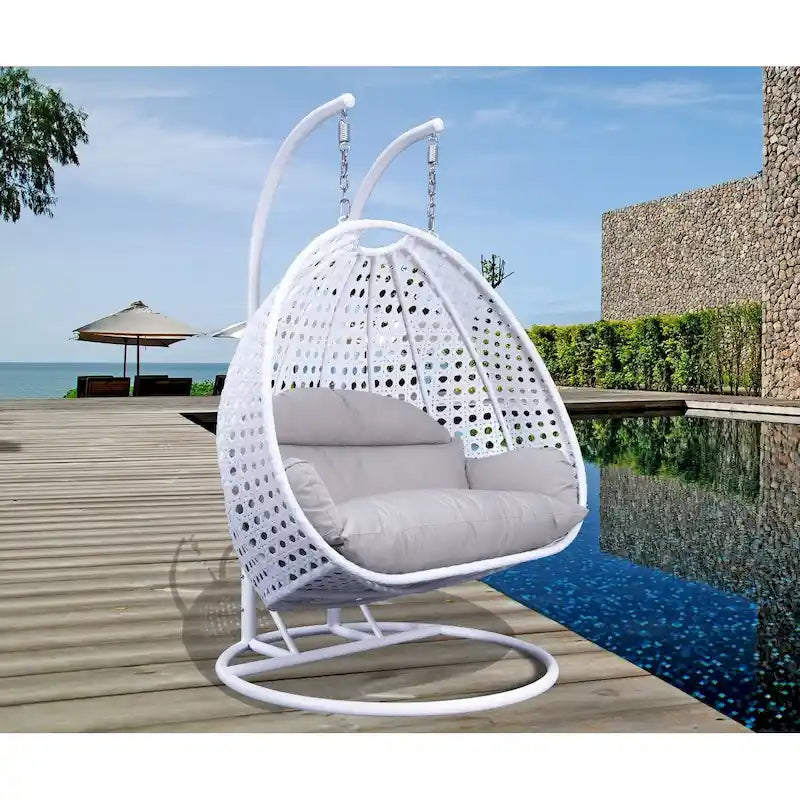 Sedia sospesa a dondolo a forma di uovo con supporto in metallo, telaio in vimini e cuscino – Beige / Blu antracite / Bianco / Blu / Bianco antico / Marrone / Tela, 2 posti